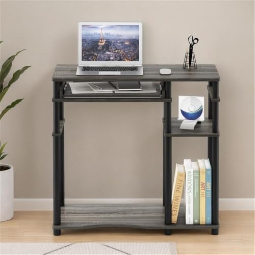 Pemberly Row Wood Computer Desk with Bookshelf, French Oak Gray and Black Finish, Durable Engineered Wood, Sliding Keyboard Tray, Side Shelves, Compact Space-Saving Design for Apartments or Dorm Rooms
