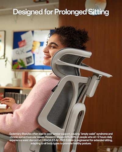 Hbada E3 Air 2026 Ergonomic Office Chair, 3-Zone Lumbar Support, Comfy Home Office Chair with Auto Recline, 4D Headrest & Armrests, 140° Tilt for Work & Relax, Grey - color: Pure Grey