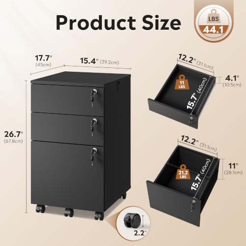 DEVAISE 3 Drawer Mobile File Cabinet with Individual Locks, Black | Wood Filing Cabinet for Office, Under Desk Printer Stand with Wheels, Fits Letter/A4/Legal Size