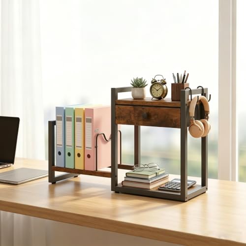 MAHANCRIS Desktop Shelf Organizer, 2-Tier Wooden Desk Bookshelf, Small Tabletop Book Shelf with Drawer and Hooks, Countertop Storage Rack for Home, Office, Dorm, Rustic Brown POHR2201 - color: Rustic Brown and Black