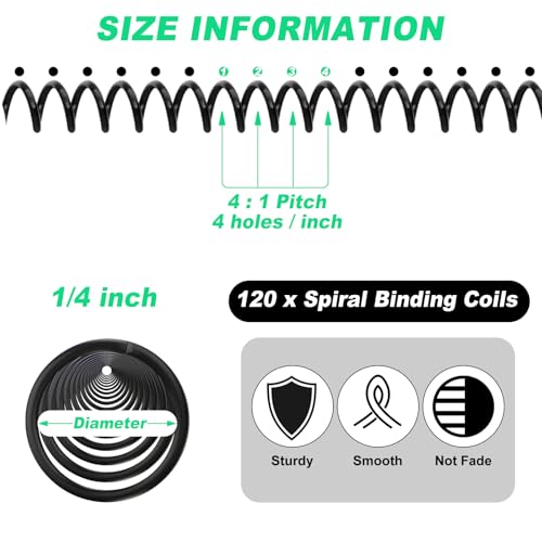 Leinuosen 120 Pack Binder Coils,1/4 Inch,Black | Plastic Spiral Binding Coils for Documents, Reports, Notebooks, Compatible with Standard Binding Machines, Office Supplies - color: Black, size: 1/4 Inch
