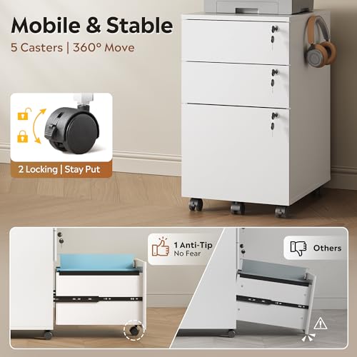DEVAISE 3 Drawer Wood File Cabinet with Individual Locks, White - color: White