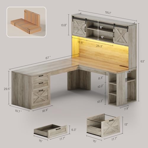 SEDETA 67" Farmhouse L Shaped Desk with Hutch, Grey - color: Grey, size: L Shaped Desk with Hutch (67")