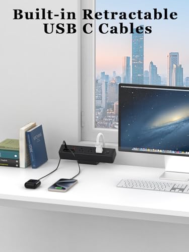 Desk Clamp Power Strip Built-In1 Retractable USB C Cables, USB Ports Black - color: Black