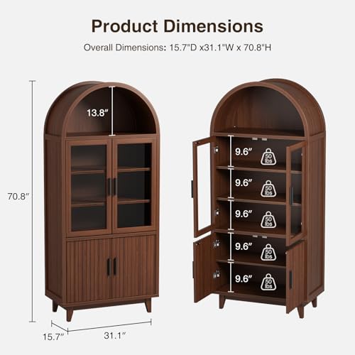 Arched Cabinet with Glass Doors, Fluted Pantry Cabinet with Solid Wood Legs - color: Walnut, size: Tall Arched - 15.7"D x 31.1"W x 70.8"H