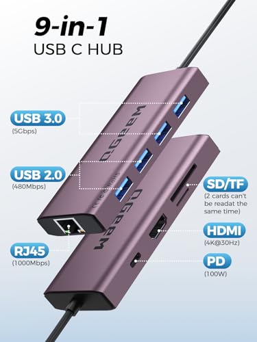 QGeeM USB C Hub Ethernet,9 in 1 USB Type C Hub HDMI Multi-Port Converter Adapter,100W Pd, USB 3.0,SD/TF Card Reader,Compatible for MacBook Pro Air Ipad HP Dell Lenovo Chromebook etc.-Violet - color: Purple