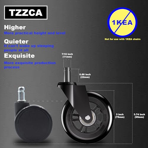 Office Chair Wheels Replacement Rubber Chair Casters Heavy Duty - color: Black