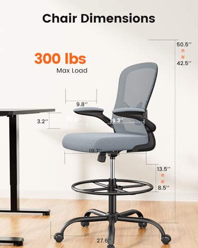 ErGear Drafting Chair,Tall Office Chair with Flip-Up Armrests, High Desk Chair Adjustable Height and Adjustable Footrest Ring, Ergonomic Standing Desk Chair with Lumbar Support, Blue - color: Blue