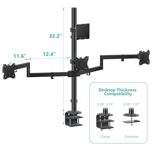 WALI Stacked 4 Monitor Mount for 49" UItrawides and Three 27" Monitors | Tall Quad Monitor Stand up to 44 lbs,Full Motion with Tilt, Swivel, C-Clamp & Grommet Base, VESA 75/100mm (M004S-P), Black - size: 13"-49", style: Quad