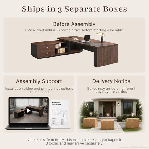 95" Reversible L-Shaped Executive Desk for CEO's Office - color: Red Walnut+graphite Gray, size: 95"L x 71"W
