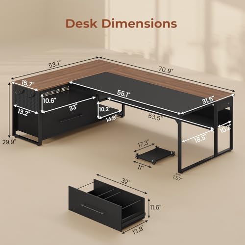 UPOSOJA 71" Executive Desk, L Shaped Office Desk with Widen File Drawers - color: Walnut, size: Widen Drawer