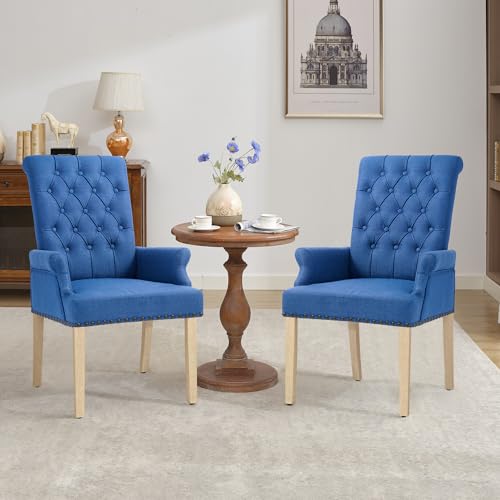LOULENS Linen Dining Chair with Arms, Tufted Dining Room Chairs, Dark Blue | Solid Wood Legs, Nailhead Trim, Accent Chair, Kitchen Chair - color: Dark Blue, size: 1 PCS