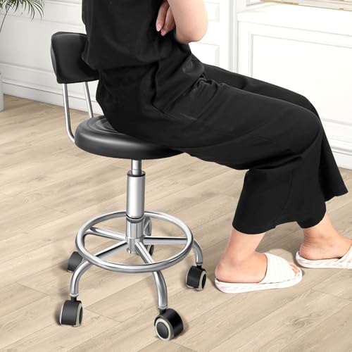 Rolling Stool with Backrest, Adjustable 360° Swivel Task Stool - color: Black