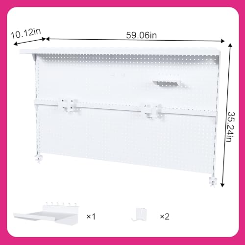 Clamp-On Metal Desk Pegboard with Dual Monitor Stand–No Drilling Needed! 59x35 Inch Steel Privacy Panel with Hooks & Movable Partition, Peg Board Wall Organizer for Gaming & Office - color: White