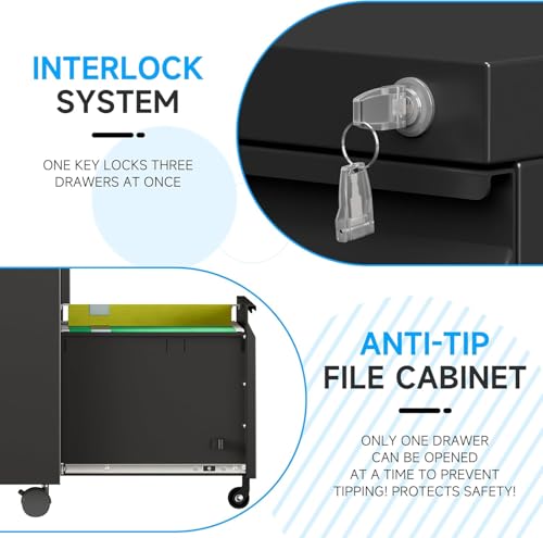 3 Drawer Mobile File Cabinet with Lock, Rolling File Cabinet with Wheels - color: Black, size: 3 Drawer