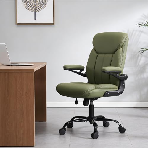 Ergonomic Home Office Chair PU Leather Comfy Computer Chair, Green | Flip-up Armrest, Height Adjustable, Lumbar Support, 360° Swivel Wheels Managerial Executive Chairs for Work Gaming Home Use - color: Green