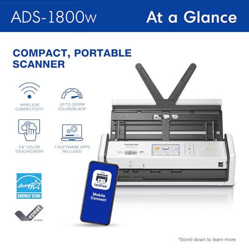 Brother ADS-1800W Wireless Compact Desktop Scanner | Scan Speeds of Up to 30ppm | 2.8" Color Touchscreen (Renewed Premium) - style: Current Model: ADS1800W