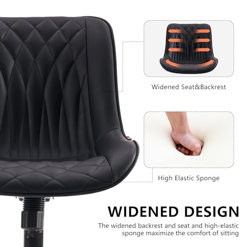 YOUNIKE Faux Leather Office Desk Chair Comfy Vanity Chair Armless Black | Ergonomic Upholstered Rocking Back, Swivel with Wheels, Height Adjustable, Modern Task Chair For Computer Sewing Drafting - color: Black