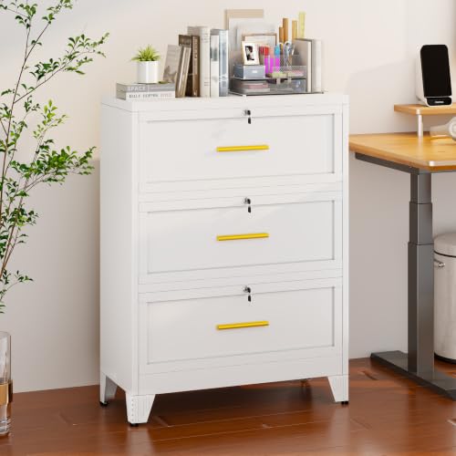 Metal Lateral File Cabinet with Lock,3 Drawer Steel Wide Filing Organization Storage Cabinets,Filing Cabinet for Legal/Letter/A4/F4 Size with Hanging Files&Key,Lockable Cabinets for Home Office,White - color: White, size: 3Drawer