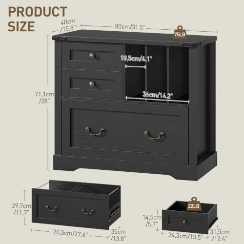 RALGEND Farmhouse File Cabinet, Lateral Filing Cabinet with 3 Drawers and Folder Organizer, Office Storage Cabinet for A4 Letter Size Files, Printer Stand with Storage for Home Office, Black - color: Black