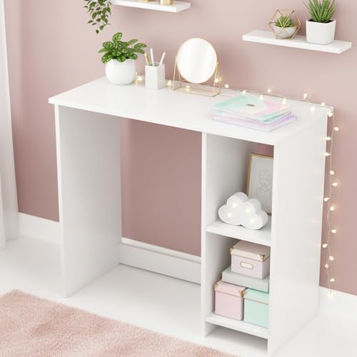 Tangkula Small White Desk with Shelves, Compact Desk for Small Space, Study Writing Table with 2 Tier Shelves, Modern Simple Style Laptop PC Table, White