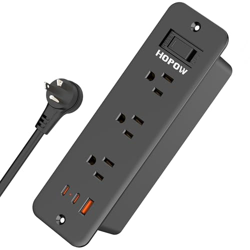 Recessed Power Strip, 6 Outlets 5 USB (3 USB-C, 15W/3A Max), 5FT Flat Plug | Flush mount power strip, desktop charging station for desk, nightstand, side table, 1875W/15A, 900J surge protection, Black