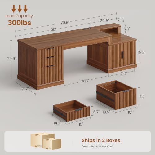SEDETA 70.9" Executive Desk, Fluted Office Desk with Drawers, Fluted Brown | Computer Desk with Power Outlet for Home Office, Desk with File Drawers and Storage Cabinet, Work Study Writing - color: Fluted Brown, size: 70.9" Executive Desk