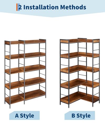 Garvee Bookshelf 5 Tier with 4 Hooks, Reversible Corner Bookshelf, 65" Industrial Wooden Bookcase with Open Shelves and Metal Frame for Living Room, Bedroom, Home Office, Rustic Brown