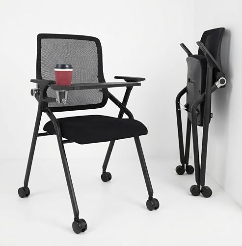 Updated Conference Room Chairs with Tablet Arm, Folding Office Desk Chair with Lumbar Support and Sliding Armrest with Casters, Stackable Office Guest Chairs & Reception Chairs, 4 Pack Black - color: Black With Tablet Arm, size: 4 Pack