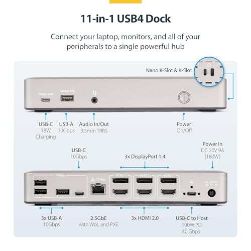 StarTech USB4 Driverless Dock, Triple 4K 60Hz, HDMI or DP, 100W, 2.5GbE - size: Triple Monitor, style: Triple 4K60 USB4