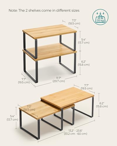 SONGMICS Cabinet Organizer Shelf, Set of 2 Spice Rack, Kitchen Storage | Kitchen Counter Storage Spice Rack, Steel, Bamboo, Light Bamboo and Matte Black, BYSTRO Collection UKCS02NB - color: Ink Black + Natural Beige, size: 11.7"w