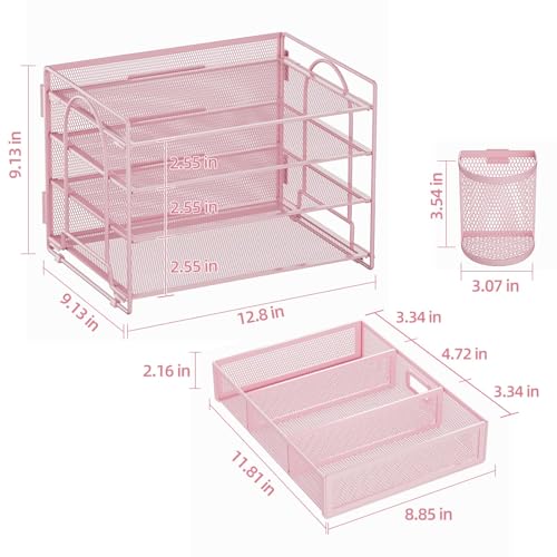 Marbrasse Desk Organizer, 4-Tier Paper File Letter Tray, Pink-2P | Sturdy Paper Tray, File Holder, Built-in Drawer, 2 Pen Slots, fits Letters/Files, for School Home Office Supplies - color: Pink with Pen Holder 2P