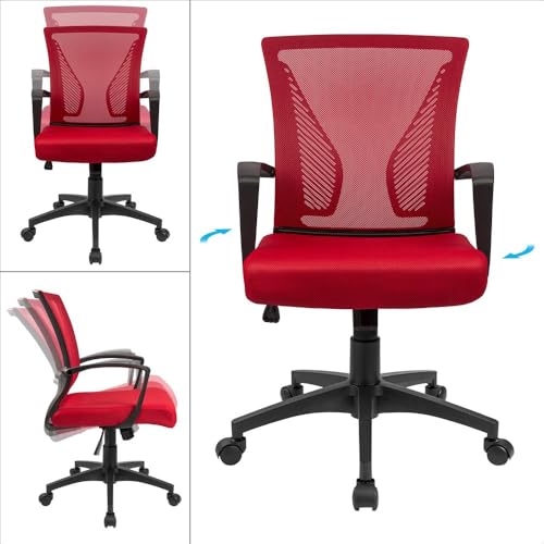 Furmax Office Chair Ergonomic Computer Desk Mesh Chair Mid Back Swivel Lumbar Support with Armrest (2, Red) - color: Red