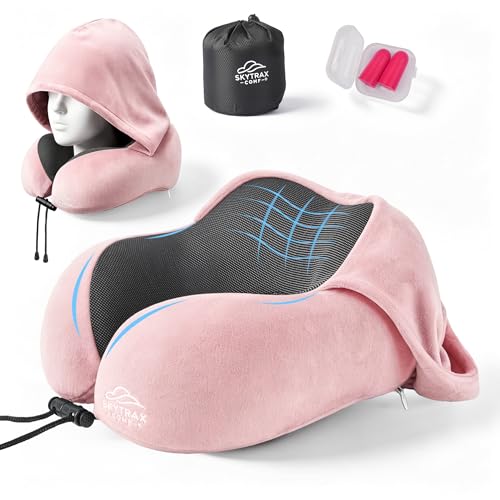 SkytraxComf® Travel Neck Pillow with Hood for Privacy on Long Flights | Memory Foam | Airplane Sleep | Safety-Tested Materials | Extra Large Hood | Chin Support | Earplugs | Washable Cover - color: Pink