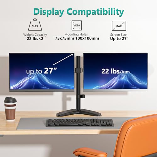 WALI Freestanding Dual Monitor Stand for 13-27 inch Screens, 22 lbs per Arm - color: Black (Steel Free Stand), size: Dual
