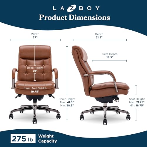 La-Z-Boy Sonata Executive Mid-Back Office Chair, Button-Tufted Seat and Back, Double-Layer Cushion, Padded Armrests, Ergonomic Computer DeskChair, Swivel Metal Base, Bonded Leather, Cognac/Graphite - color: Cognac and Graphite
