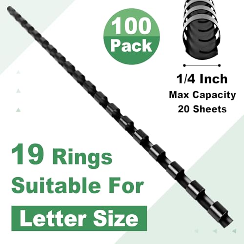 HOUYEE 100 Pack 1/4 Inch Plastic Binding Combs Spines, 19 Rings, Black | 6 mm Binder Combs for Letter Size Paper, 20 Sheets Capacity , for Book Binder Office School Supplies - size: 1/4 inch, 100 pack