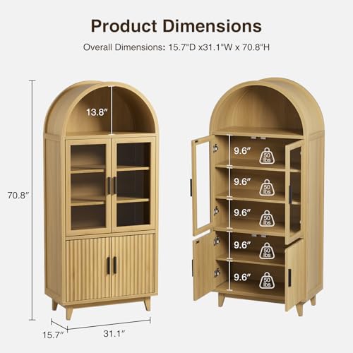 Arched Cabinet with Glass Doors, Fluted Pantry Cabinet with Solid Wood Legs - color: Wood Grain, size: Tall Arched - 15.7"D x 31.1"W x 70.8"H