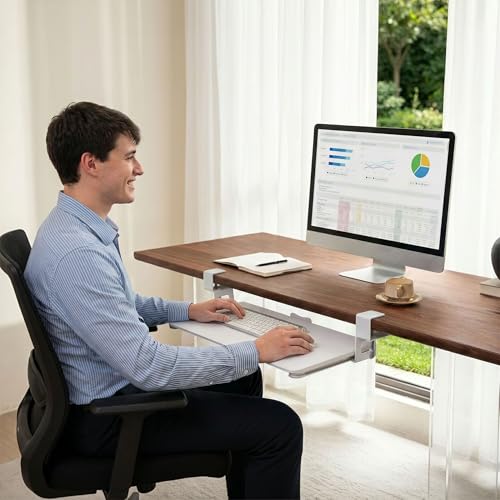 White Keyboard Tray Under Desk Clamp, 26.77" Large Under Desk Keyboard Tray Slide Out, Ergonomic Keyboard and Mouse Tray with Wrapped Edge Finish, Modern Desk Extender for Home Office - color: White