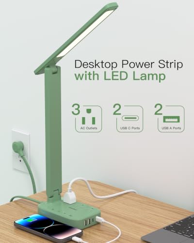 LED Desk Lamp Power Strip with 4 USB 3 Outlets, Dorm Room Essentials, Green - color: Green, size: 5 Ft