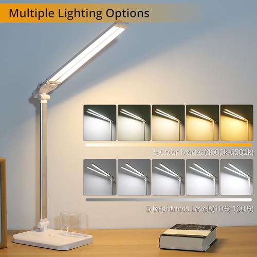 Qooltek LED Desk Lamp for Home Office, Touch Control Table Lamp with 5 Color Modes and Adjustable Brightness,Dual Swing Arm USB Charging Port Foldable Reading Light, Auto Timer, Silver White, 5W