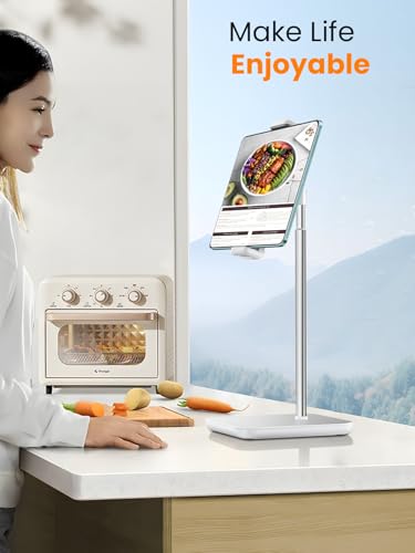 tounee Height Adjustable Tablet Stand, 3.5lb (1.6kg) Max Support, Up to 18" Tall, Slim Portable Monitors Stand Compatible with iPad Pro 12.9, Surface Pro, All 4.7"-15.6" Devices-White - color: White