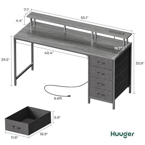 Huuger 55 Inch Computer Desk with Power Outlets and LED Lights, Gaming Desk with 4 Drawers, Office Desk with Monitor Stand, Study Work, Home Office, Gray - color: Grey, size: 55 INCH