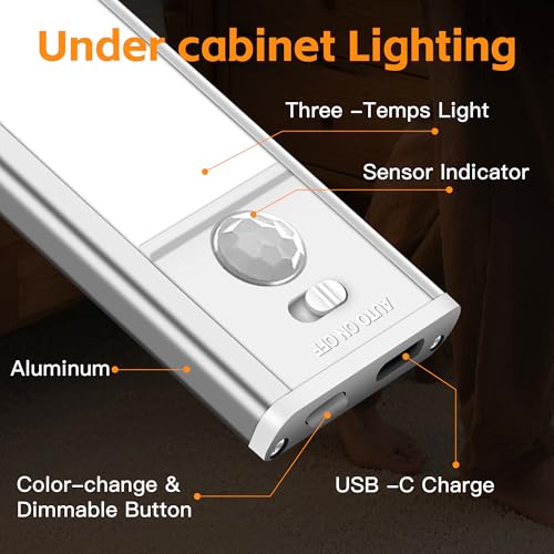 11.82 inch Under Cabinet Lighting, 4 Pack Magnetic Closet Lights | 2000mAh with Motion Sensor, 54 LED, 3Color Temperature, USB-C Charging, Durable and Easy-to-Install - size: 30cm