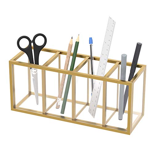 NIUBEE Gold Acrylic Pen Holder 4 Compartments, Desk Office Pencil Cup Desk | Scratch-resistant thick acrylic with 4 slots for pens, pencils, makeup brushes, office, vanity and school use - color: Gold, size: 4 Cube