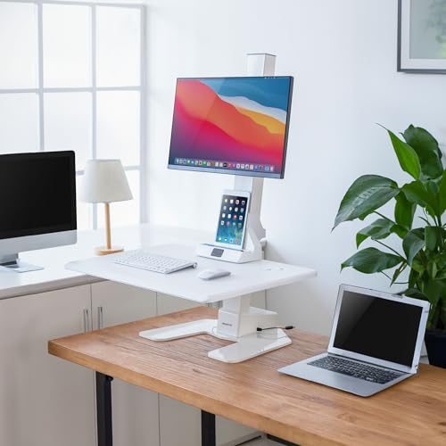 Mount-It! Electric Standing Desk Converter, Adjustable Tabletop Sit Stand Desk Riser with Single Monitor Mount for Monitors up to 32", Freestanding 28" Wide Platform Rises up to 20.75" White - color: White, size: Single Monitor