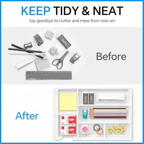 Desk Drawer Organizer, Office Drawer Divider Organizer Tray with 6 Compartments, Metal Mesh Desktop Organization and Accessories for Stationery Makeup Kitchen Toolroom School & Office (Large-White) - size: Large-White
