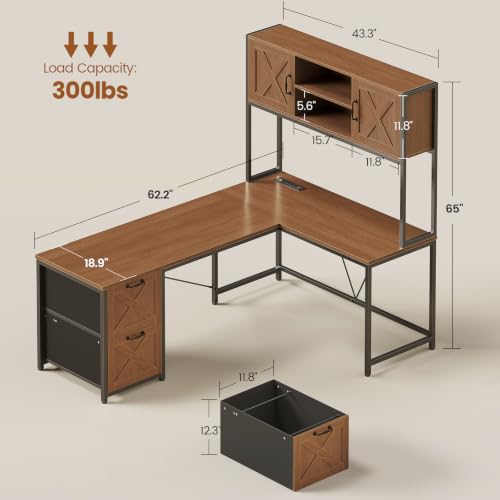 SEDETA Reversible Farmhouse L Shaped Office Desk with Drawer, Hutch - color: Brown