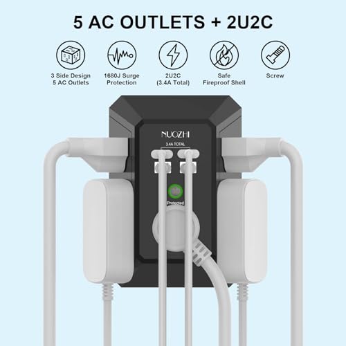 Wall Charger, Surge Protector, NUOZHI 5 Outlet Extender with 4 USB Charging Ports(2USB-C), 3-Sided 1680J Power Strip Multi Plug Adapter Spaced for Home Travel Office, Black - color: Black(Non-Night Light), size: 5 Outlets