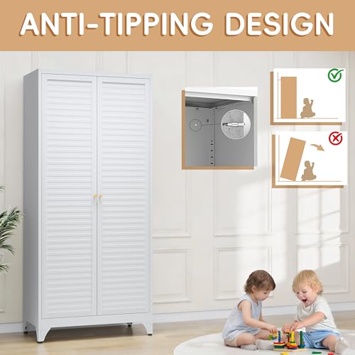 Steeloong 71"Armoire Wardrobe Close,White Wardrobe Cabinet with Hanging Rod | Metal Closet Cabinet with Doors and Adjustable Shelves,Freestanding Clothing Storage Cabinets for Bedroom Office,Gym,Hospital - color: White, style: 71"H Wardrobe
